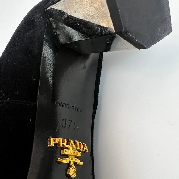 Prada Black Suede Block Heeled Booties with mirror detail on heel 37.5